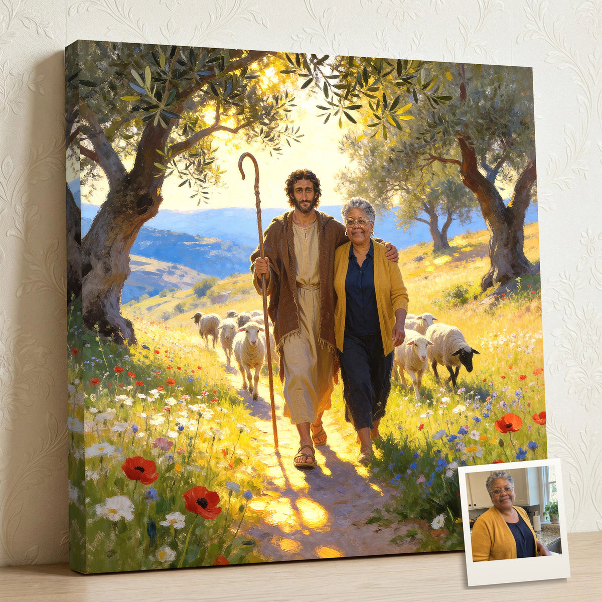 Personalized canvas of a woman walking with a Middle Eastern Jesus of Nazareth and His shepherd’s crook on a sunlit path, with a small print of her original photo