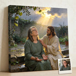 Personalized Jesus canvas of a woman lifting her face to the light as Jesus rests a hand on her shoulder after the rain, with a small print of her original photo