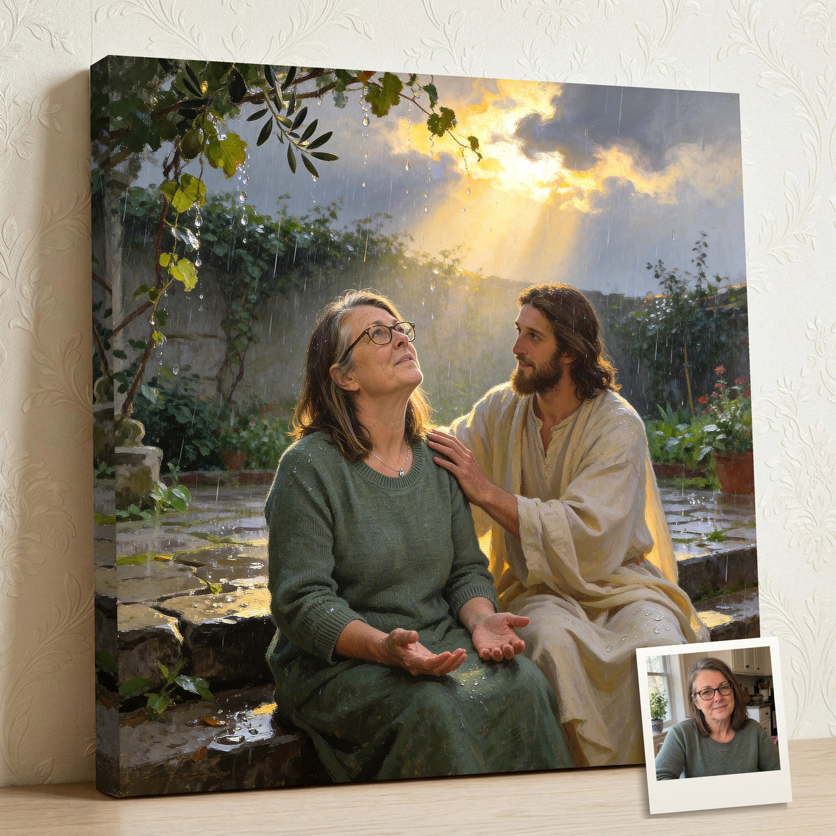 Personalized Jesus canvas of a woman lifting her face to the light as Jesus rests a hand on her shoulder after the rain, with a small print of her original photo