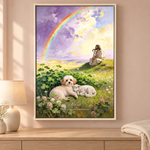 Small dog memorial canvas for Rosie resting safely with Jesus and a lamb in a White frame