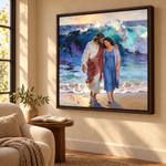 Walking with Jesus personalized portrait beside a powerful ocean wave in an Espresso floating frame