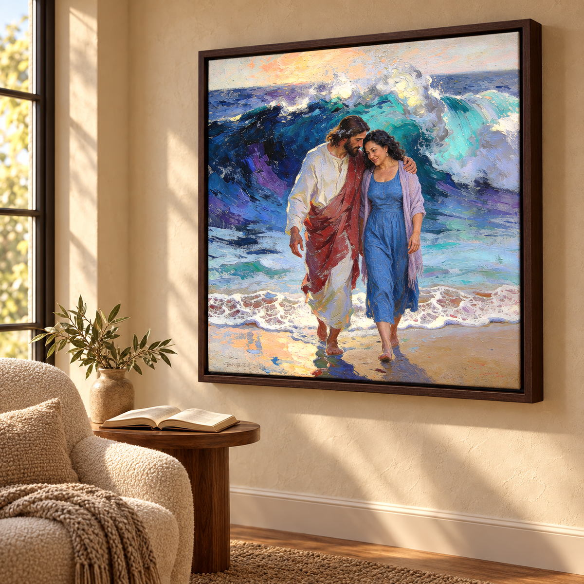 Walking with Jesus personalized portrait beside a powerful ocean wave in an Espresso floating frame