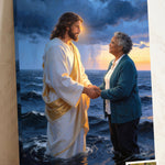 Personalized Jesus canvas of a woman standing with Jesus on the stormy sea, her hand in His, with a small print of her original photo