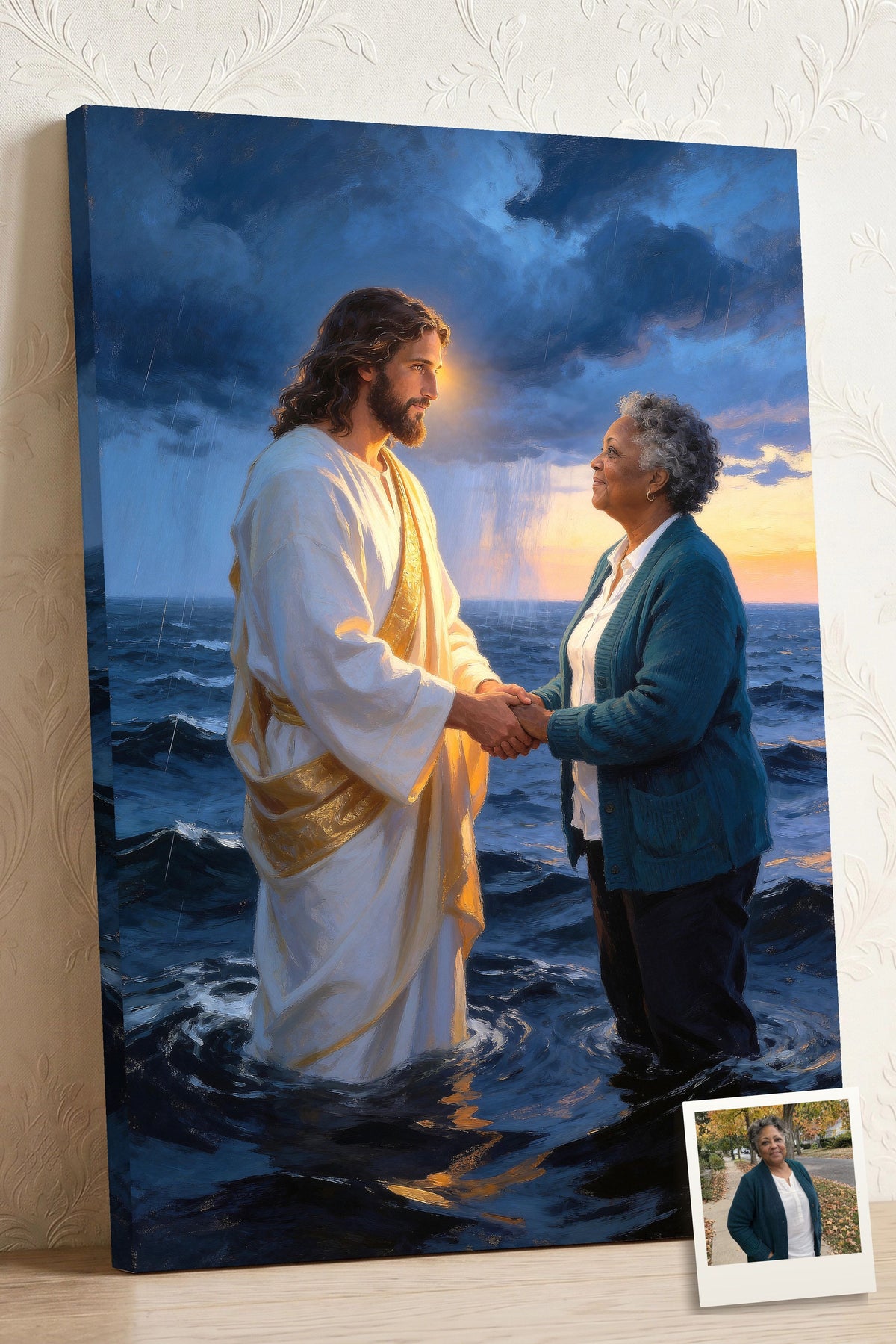 Personalized Jesus canvas of a woman standing with Jesus on the stormy sea, her hand in His, with a small print of her original photo