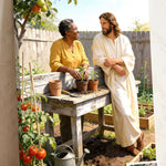 Personalized Jesus canvas of a woman at her potting bench with Jesus keeping her company, with a small print of her original photo
