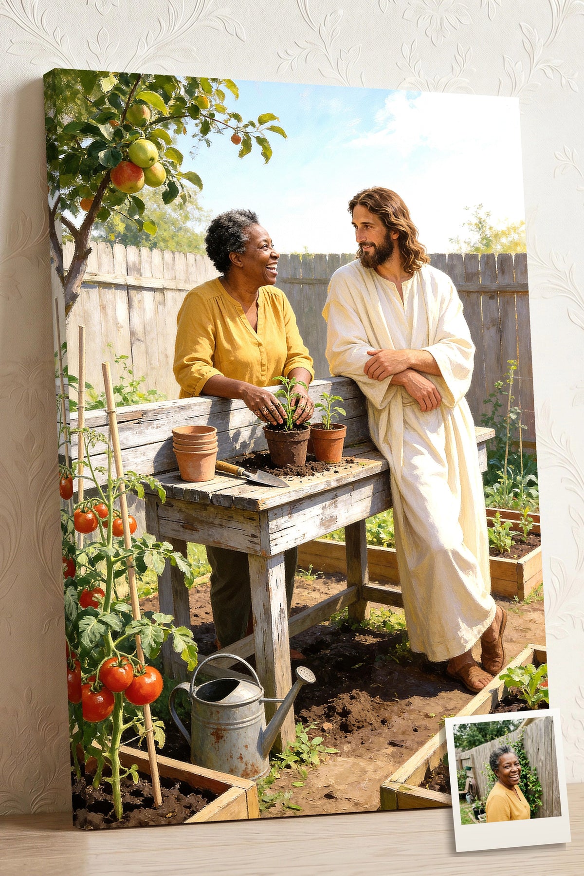 Personalized Jesus canvas of a woman at her potting bench with Jesus keeping her company, with a small print of her original photo