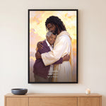 Black Jesus Hug Portrait memorial canvas in a Black floating frame with a name, years and the line Safe in His arms