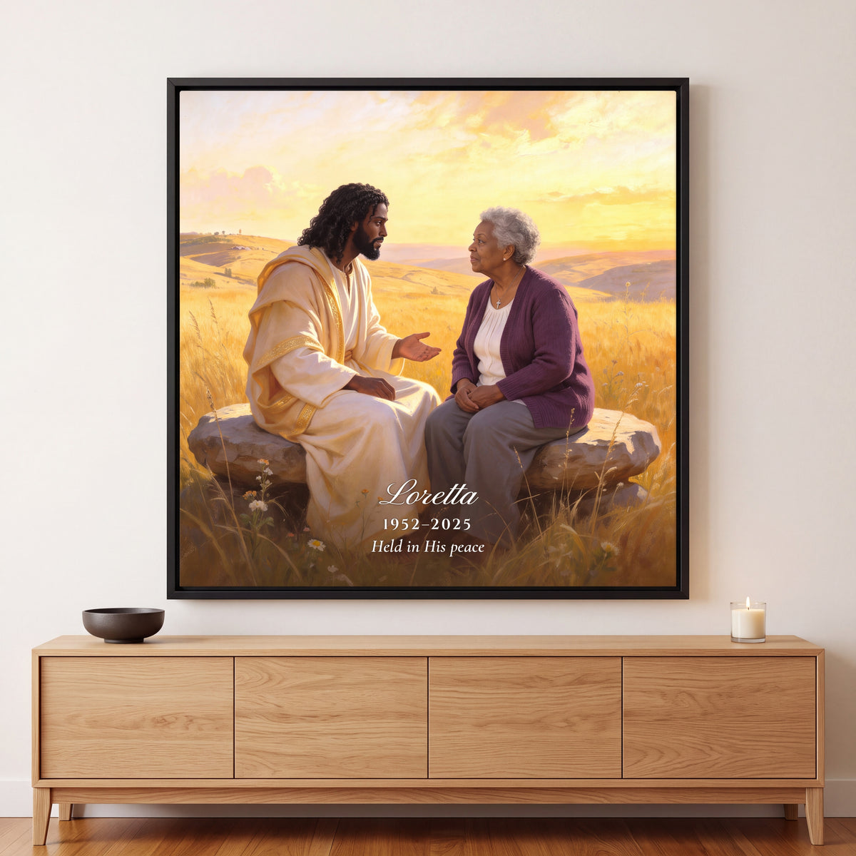 Black Jesus Teaching Moment memorial canvas in a Black floating frame with a name, years and the line Held in His peace