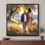 Black Jesus Shepherd’s Walk memorial canvas in a Black floating frame with a name, years and the line Walking home with Him