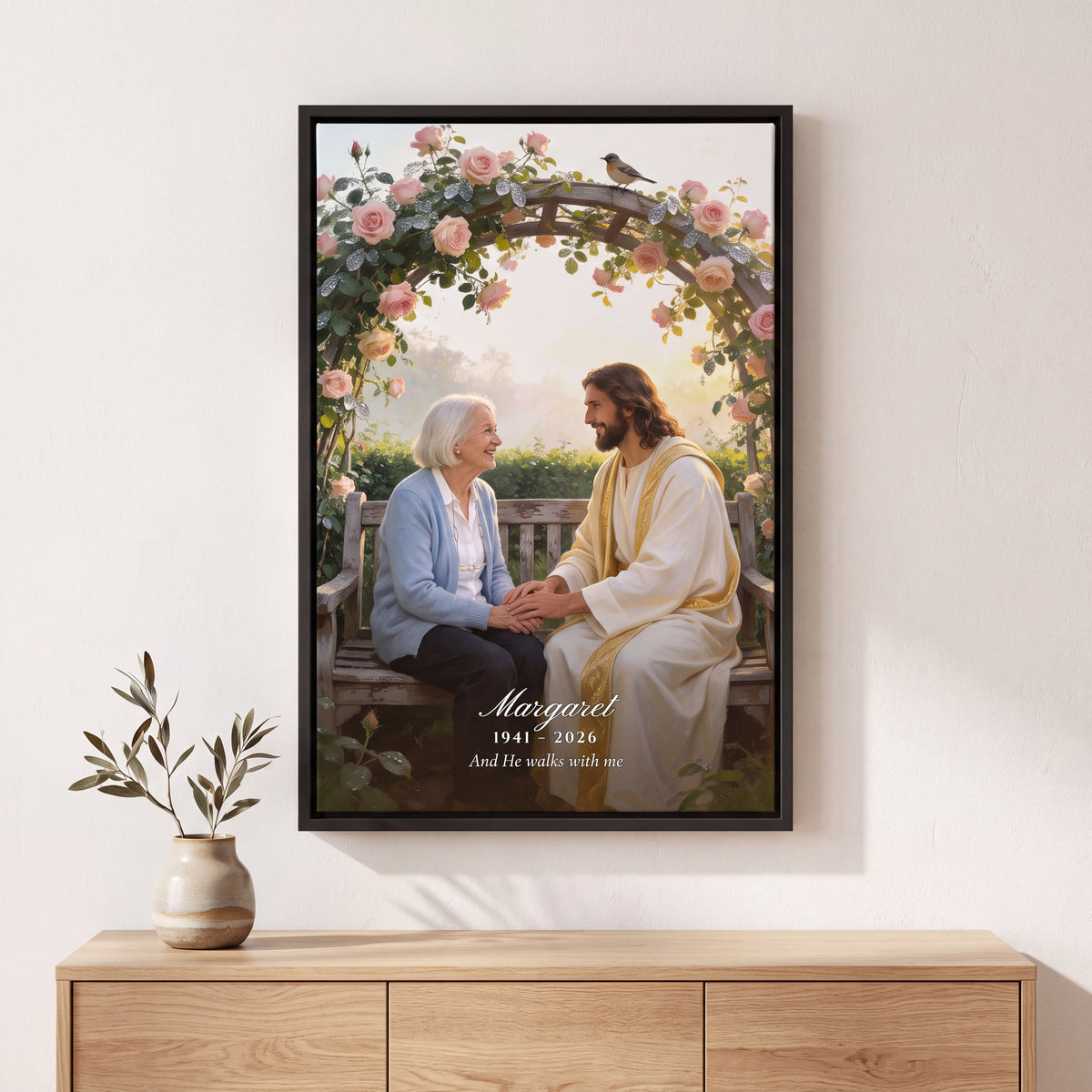 In the Garden memorial canvas in a Black floating frame with name, years and the hymn line And He walks with me