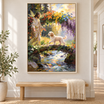 Small dog crossing a living flower bridge toward Jesus in a personalized pet memorial canvas