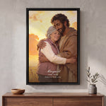Jesus of Nazareth Hug Portrait memorial canvas in a Black floating frame with a name, years and the line Held close in His arms