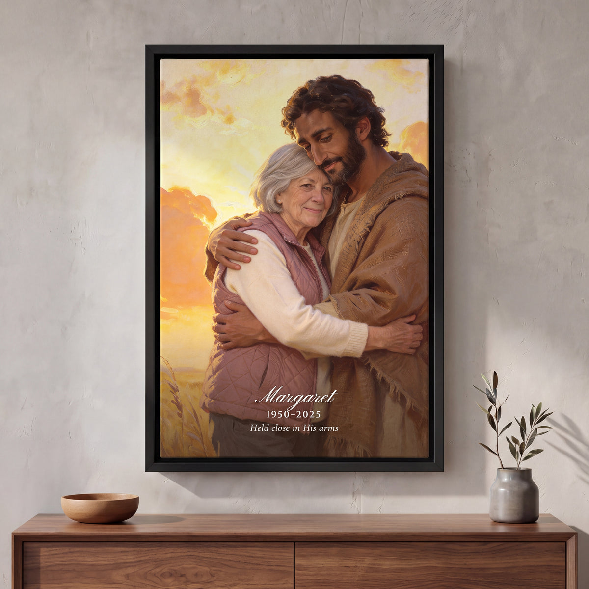 Jesus of Nazareth Hug Portrait memorial canvas in a Black floating frame with a name, years and the line Held close in His arms