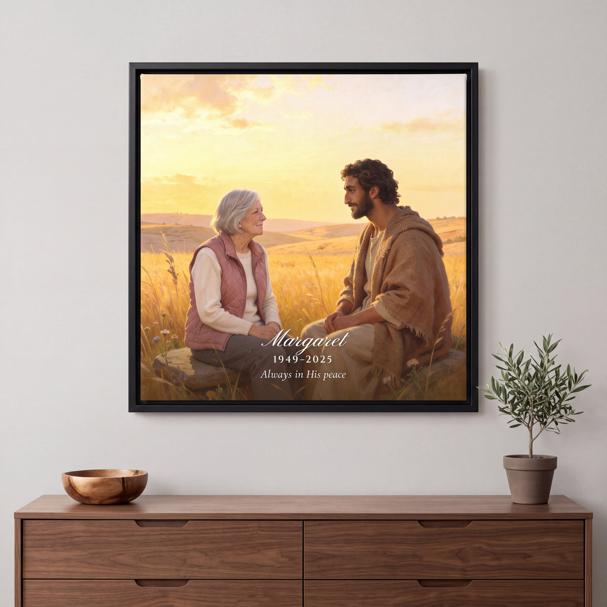 Jesus of Nazareth Teaching Moment memorial canvas in a Black floating frame with a name, years and the line Always in His peace