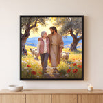Jesus of Nazareth Shepherd’s Walk memorial canvas in a Black floating frame with a name, years and the line Forever in His care