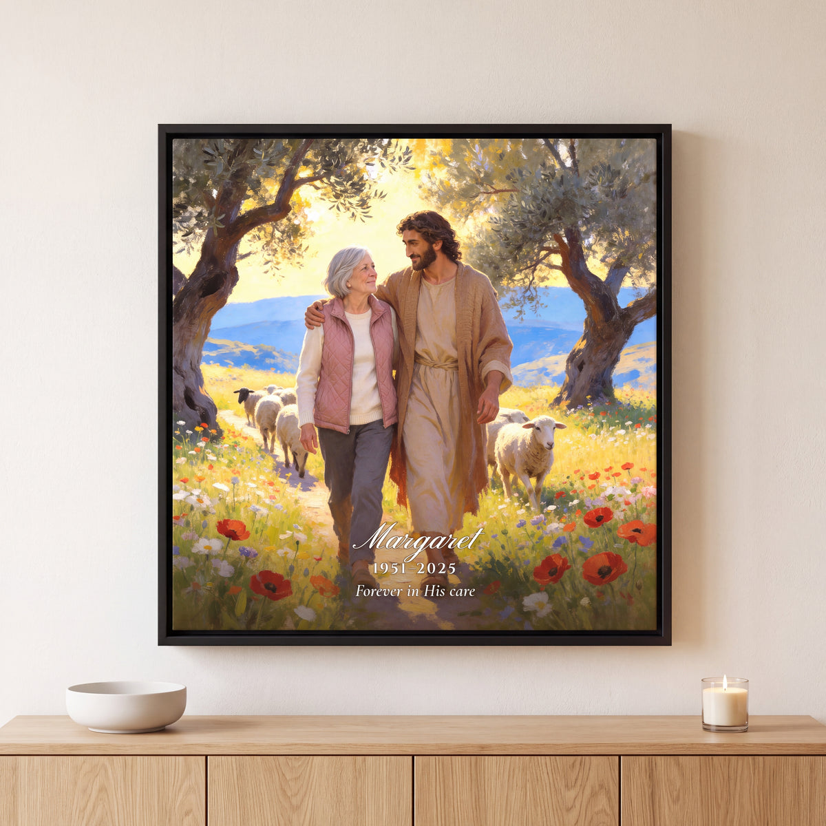 Jesus of Nazareth Shepherd’s Walk memorial canvas in a Black floating frame with a name, years and the line Forever in His care