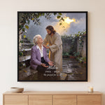 Jesus Prays With You memorial canvas in a Black floating frame with a name, years and the line She prayed for us all