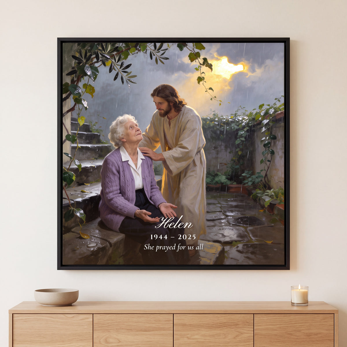 Jesus Prays With You memorial canvas in a Black floating frame with a name, years and the line She prayed for us all