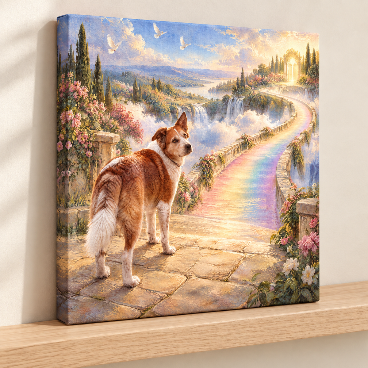 Unframed Rainbow Bridge pet memorial canvas with a mixed-breed dog