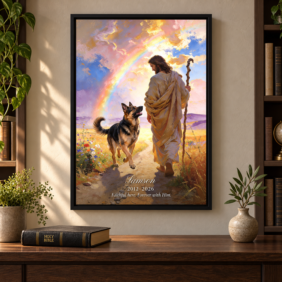 German Shepherd memorial canvas for Samson walking faithfully beside Jesus in a Black frame