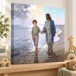 First Communion gift canvas for Luke walking with Jesus through summer rain with personalized Scripture