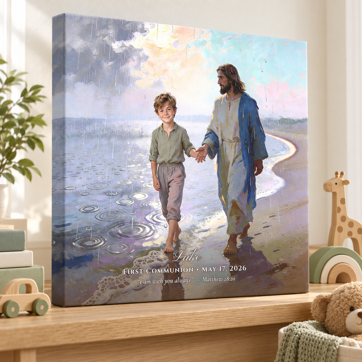 First Communion gift canvas for Luke walking with Jesus through summer rain with personalized Scripture