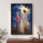 Jesus Take My Hand memorial canvas in a Black floating frame with a name, years and the line Held by His hand