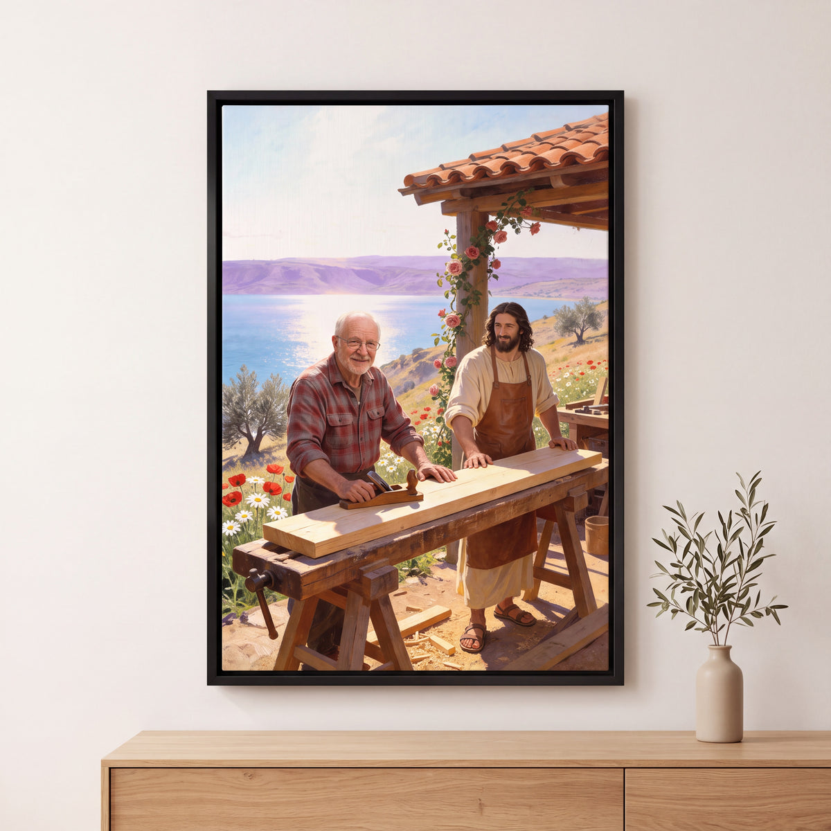 Jesus the Carpenter canvas in a black floating frame: the workshop scene above the Sea of Galilee