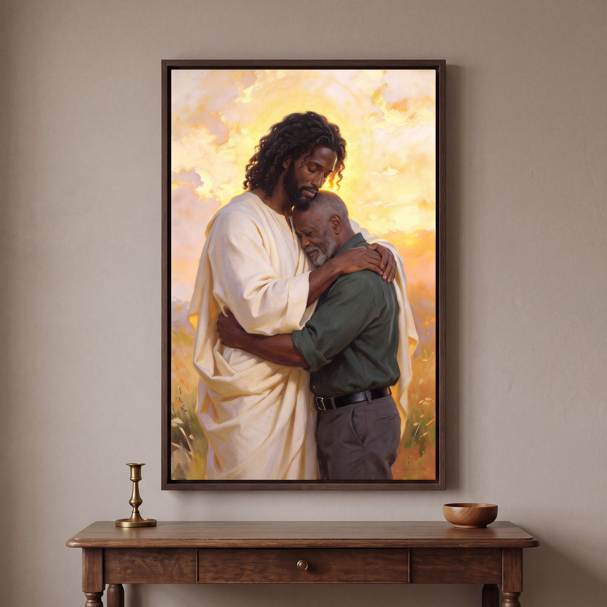 Personalized canvas of an older man held close by Black Jesus in white robes, in an Espresso floating frame