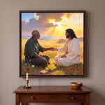 Personalized canvas of an older man holding hands with Black Jesus in a golden meadow by the sea, in an Espresso floating frame