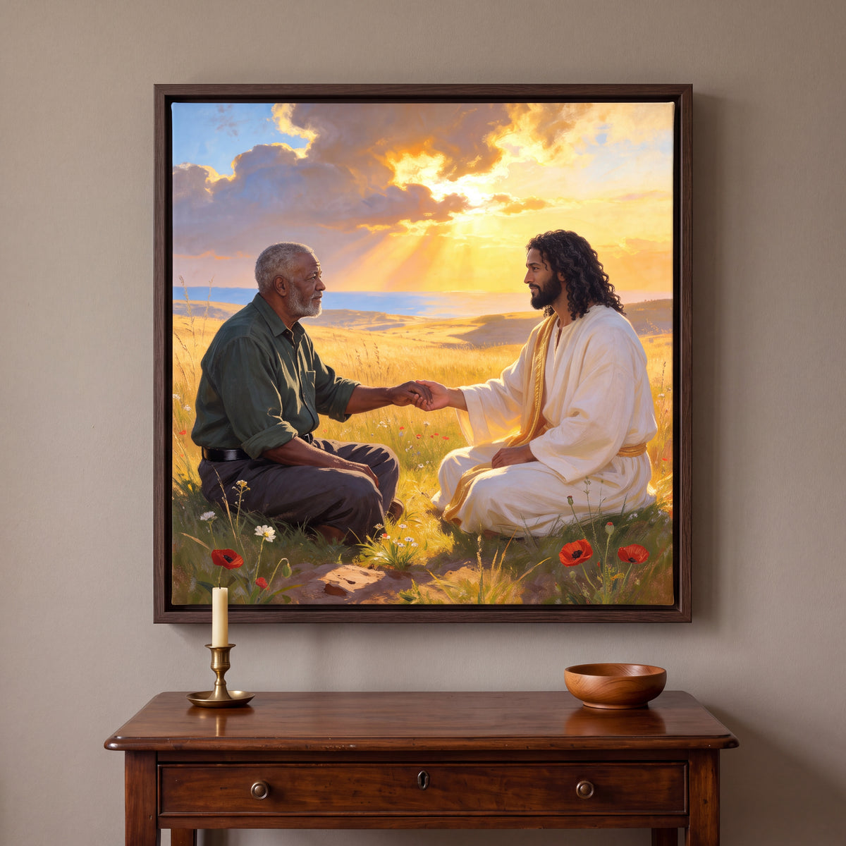 Personalized canvas of an older man holding hands with Black Jesus in a golden meadow by the sea, in an Espresso floating frame