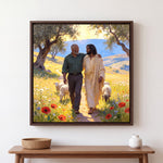 Personalized canvas of an older man walking arm in arm with Black Jesus among sheep and olive trees, in an Espresso floating frame