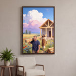 Jesus the Carpenter canvas in an espresso floating frame: carrying a plank to the cottage in a poppy meadow