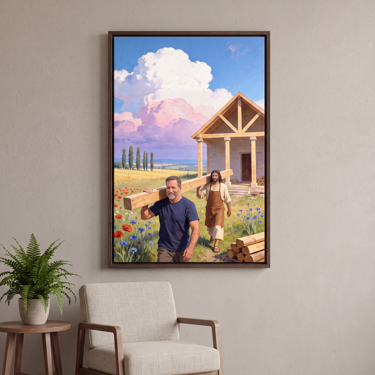 Jesus the Carpenter canvas in an espresso floating frame: carrying a plank to the cottage in a poppy meadow