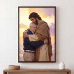 Personalized canvas of an older man held close by Jesus of Nazareth in His brown wool mantle, in an Espresso floating frame