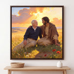 Personalized canvas of an older man sitting in the grass with Jesus of Nazareth, His arm around the man’s shoulders, in an Espresso floating frame
