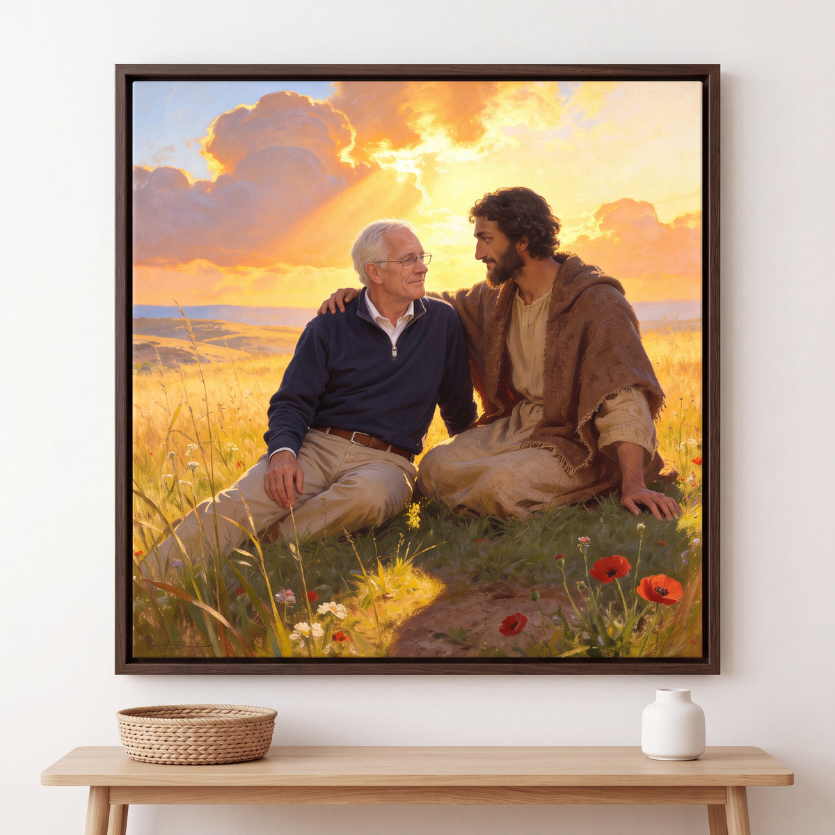 Personalized canvas of an older man sitting in the grass with Jesus of Nazareth, His arm around the man’s shoulders, in an Espresso floating frame