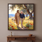 Personalized canvas of an older man walking beside Jesus of Nazareth in a homespun wool mantle among sheep, in an Espresso floating frame