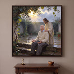 Personalized canvas of an older man looking up to the light with Jesus' hand on his shoulder in a rain-washed garden, in an Espresso floating frame