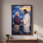 Personalized Take My Hand canvas of an older man holding Jesus' hand on the wind-stirred sea, in an Espresso floating frame