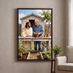 Personalized canvas of an older man at his potting bench with Jesus keeping him company in an Espresso floating frame