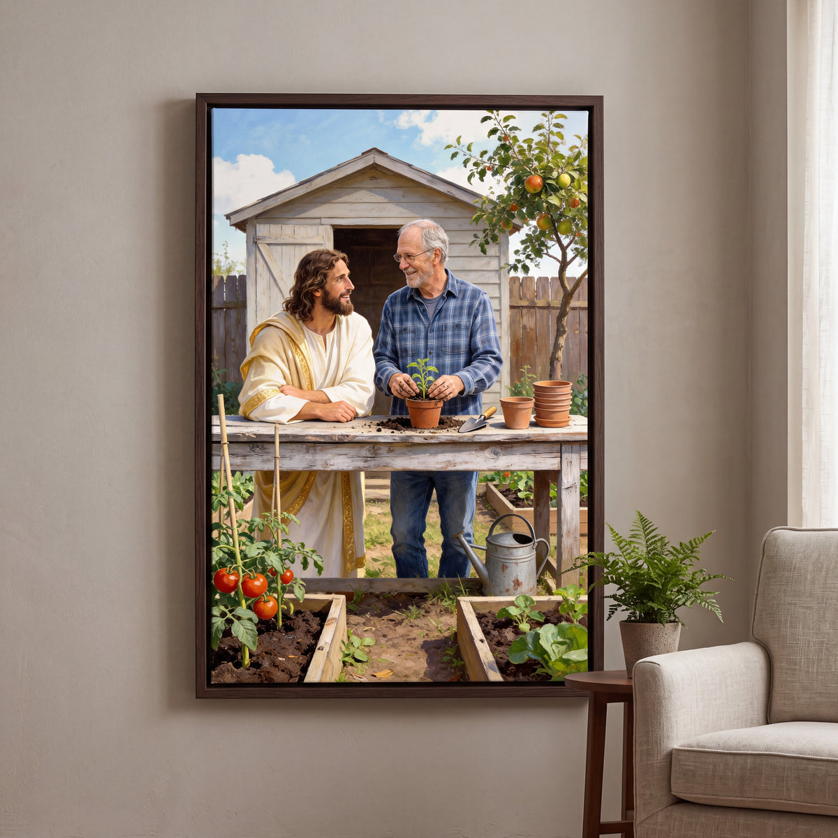 Personalized canvas of an older man at his potting bench with Jesus keeping him company in an Espresso floating frame