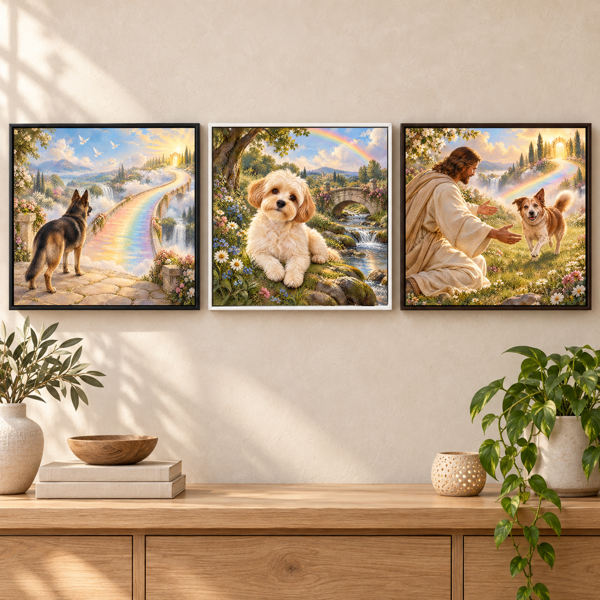 Three personalized Rainbow Bridge pet memorial canvas scene and frame options