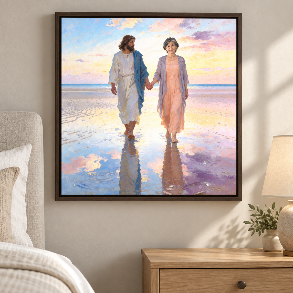 Personalized Christian canvas showing a woman holding Jesus hand across a luminous tidal mirror