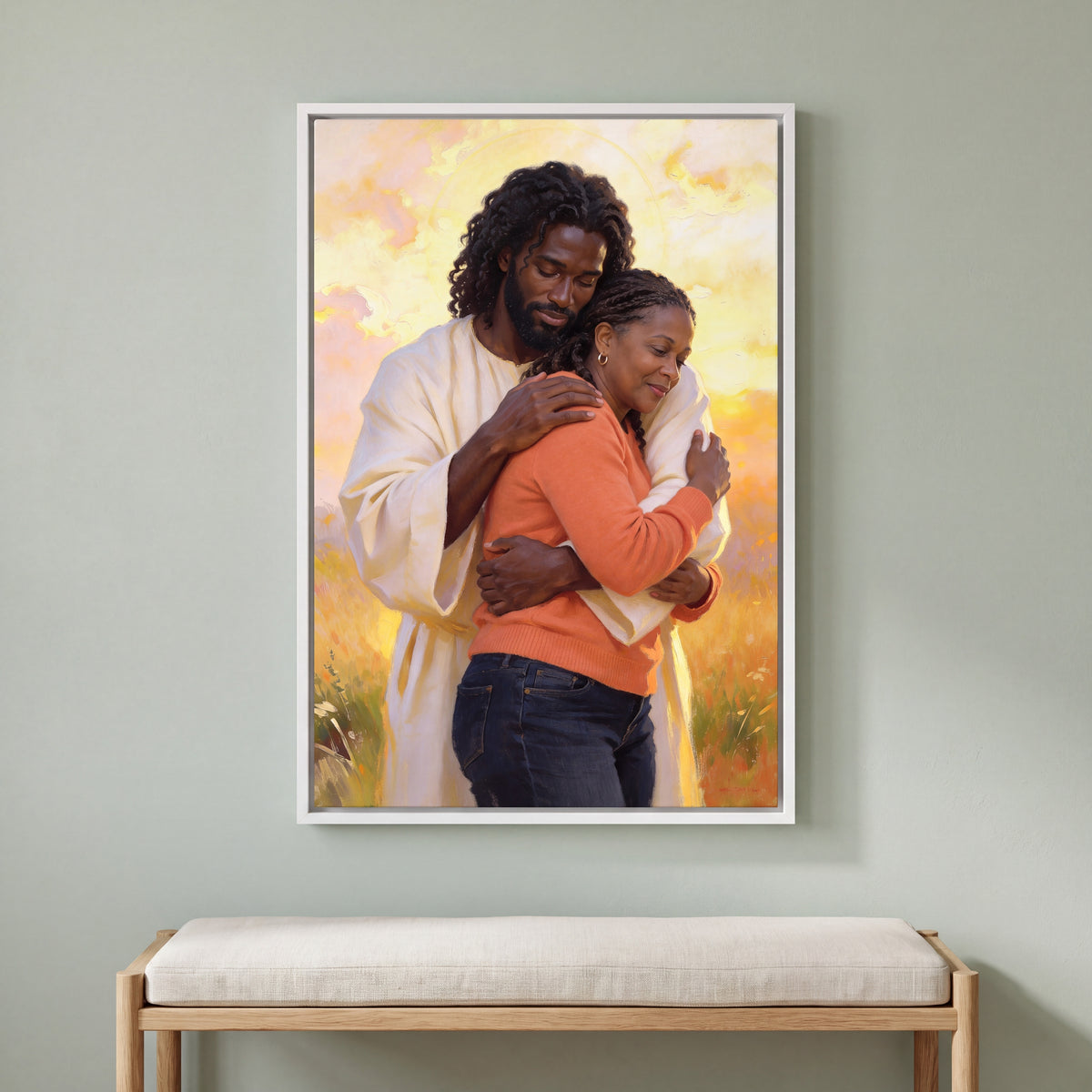 Personalized Black Jesus canvas of a woman sheltered in Jesus’ embrace at sunrise, in a White floating frame