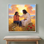 Personalized Black Jesus canvas of a woman sitting with Jesus, His hand on her shoulder, in a White floating frame