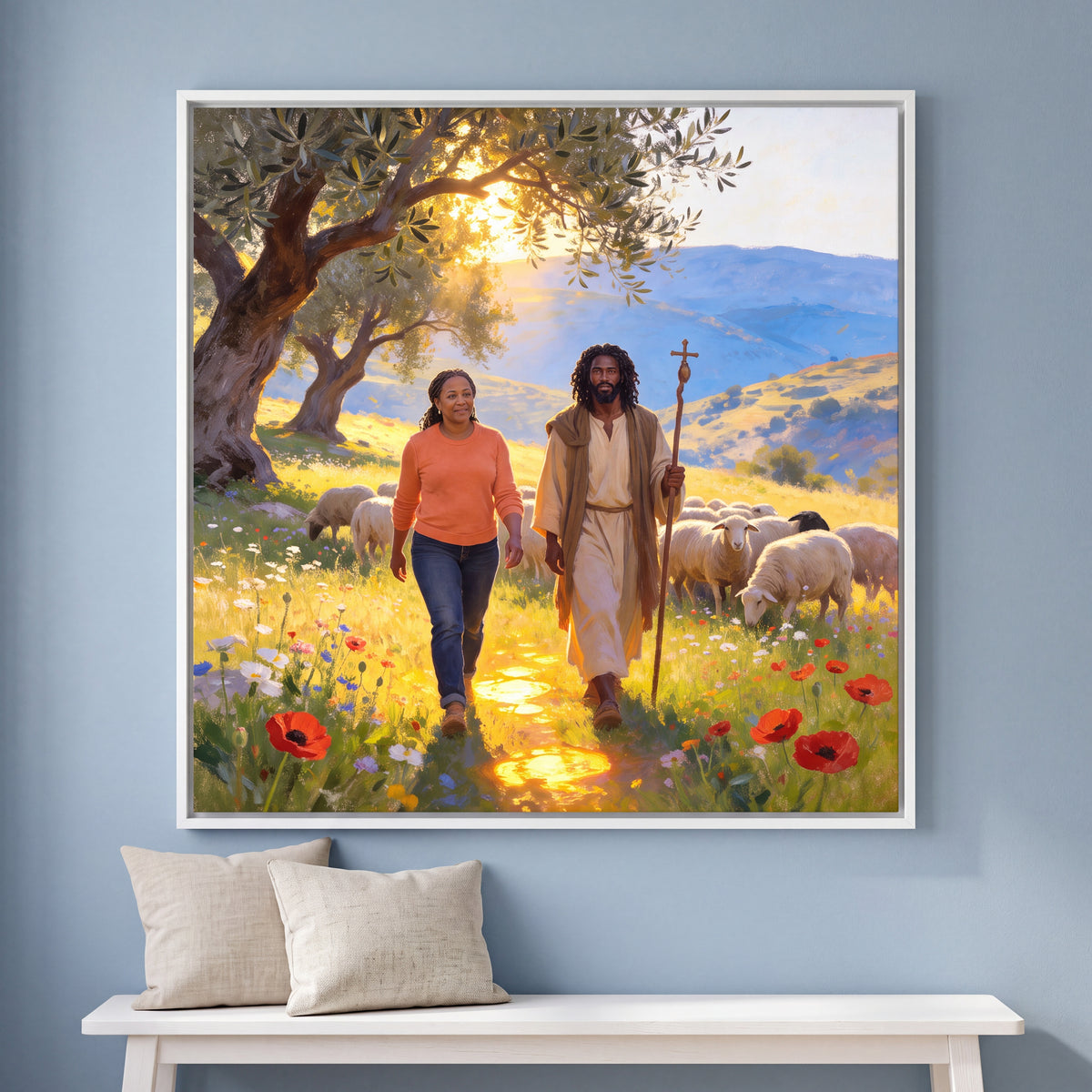 Personalized Black Jesus canvas of a woman walking beside the Good Shepherd and His flock, in a White floating frame