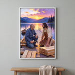 Jesus the Carpenter canvas in a white floating frame: the lake dock at sunset
