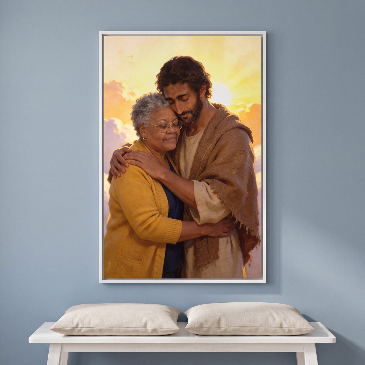 Personalized Jesus of Nazareth canvas of a woman sheltered in Jesus’ embrace at sunrise, in a White floating frame