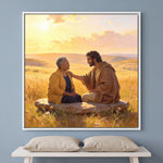 Personalized Jesus of Nazareth canvas of a woman sitting on a stone with Jesus in a golden meadow, in a White floating frame